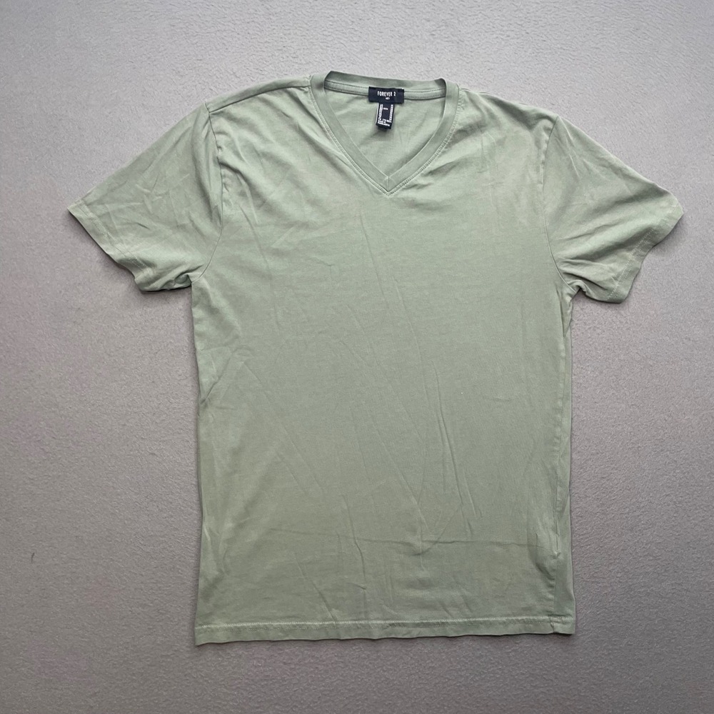 Forever 21 Men V-Neck T-Shirt Sage Green Medium Basic Minimalist Casual Tee